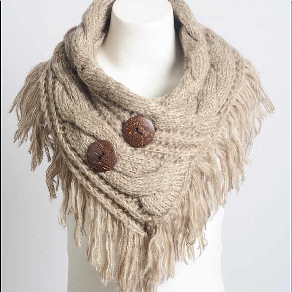 Fringe mocha knit button scarf wrap - Picture 2 of 4